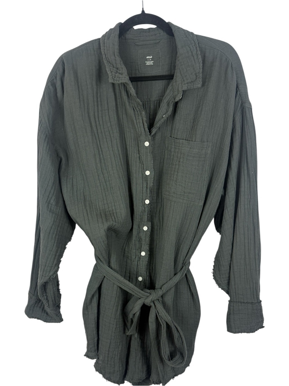 Aerie Charcoal Cotton Grey Textured Gauze Belted Romper with Pockets - Large